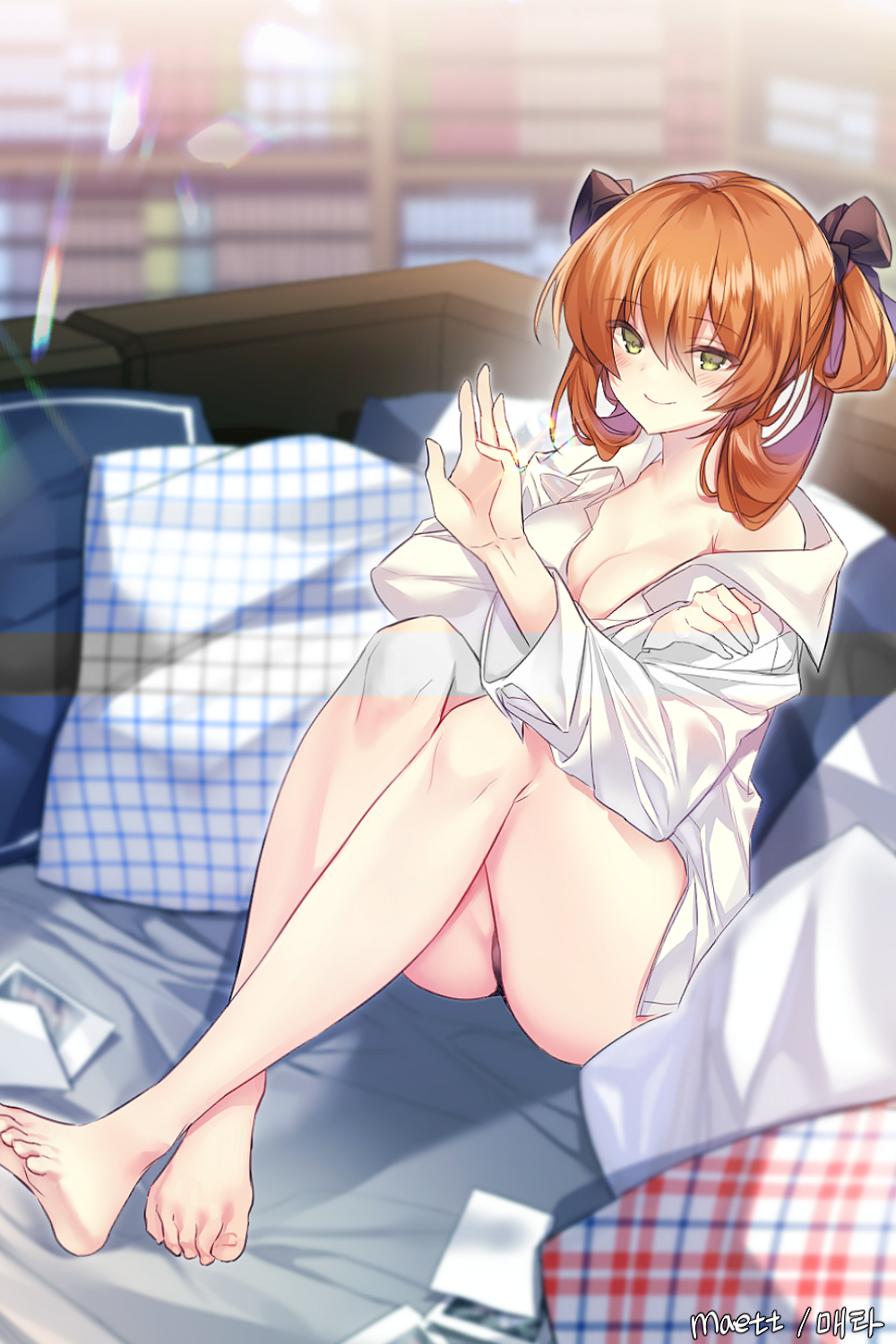 1girl artist_name ass bangs bare_legs bare_shoulders barefoot black_bow blurry blush bookshelf bow breasts brown_hair cleavage closed_mouth collared_shirt commentary_request commission couch depth_of_field eyebrows_visible_through_hair girls_frontline glint green_eyes hair_between_eyes hair_bow hair_rings hand_up highres indoors jewelry korean_commentary large_breasts long_hair long_sleeves looking_at_viewer m1903_springfield_(girls_frontline) maett no_pants off_shoulder on_couch photo_(object) pillow reclining ring shirt smile solo wedding_ring white_shirt