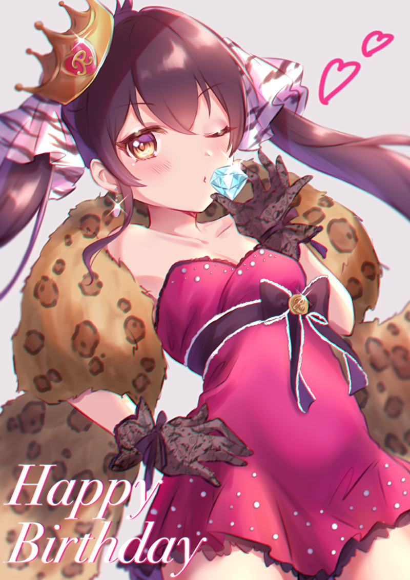 1girl animal_print anoa bangs bare_shoulders black_gloves black_hair black_ribbon blush breasts cleavage collarbone crown dress earrings eyelashes fur_trim gem gloves grey_background hair_between_eyes hair_ribbon hand_on_hip happy_birthday hips idolmaster idolmaster_cinderella_girls jewelry leopard_print long_hair looking_at_viewer matoba_risa one_eye_closed open_mouth pink_dress print_ribbon ribbon short_dress simple_background small_breasts solo tiger_stripes twintails white_ribbon yellow_eyes