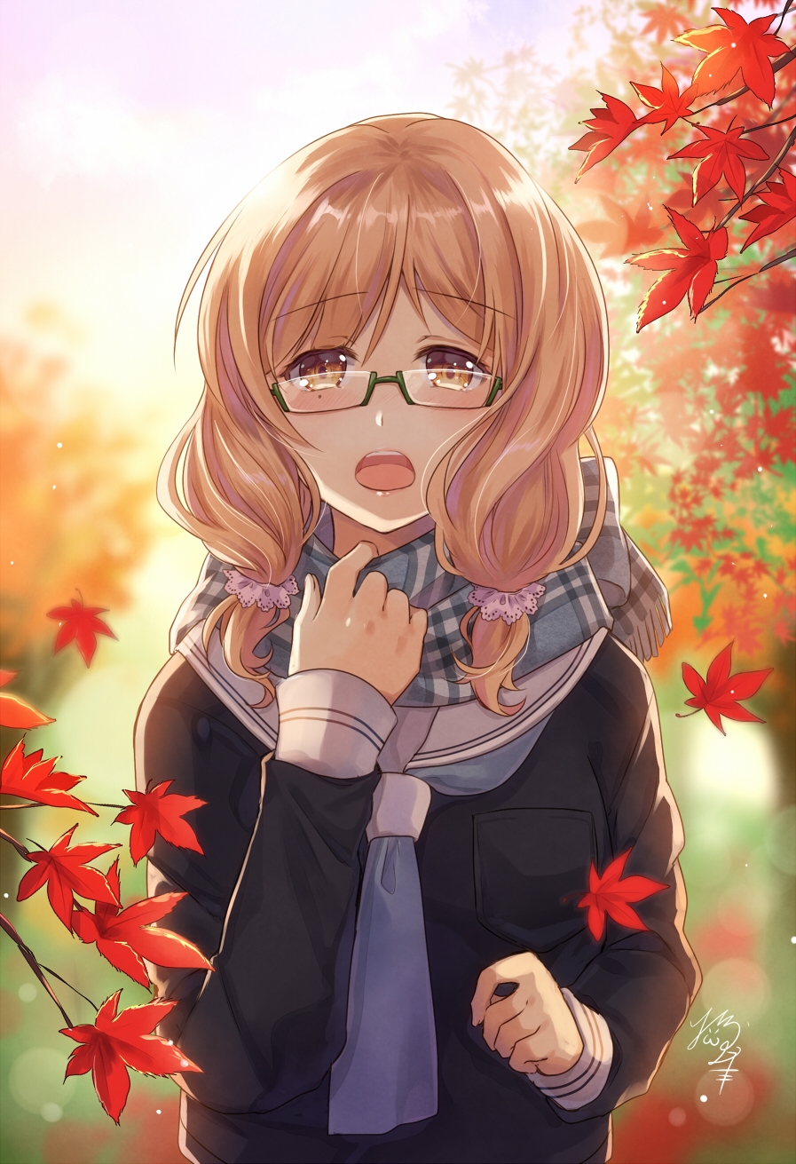 1girl adjusting_scarf autumn autumn_leaves black_serafuku blue_neckwear blue_scarf blush breast_pocket brown_eyes brown_hair commentary_request glasses green-framed_eyewear hair_ornament hair_scrunchie highres leaf long_sleeves looking_at_viewer low_twintails maple_leaf mole mole_under_eye neckerchief nekozuki_yuki open_mouth original outdoors pink_scrunchie plaid plaid_scarf pocket scarf school_uniform scrunchie semi-rimless_eyewear serafuku signature solo twintails under-rim_eyewear upper_body