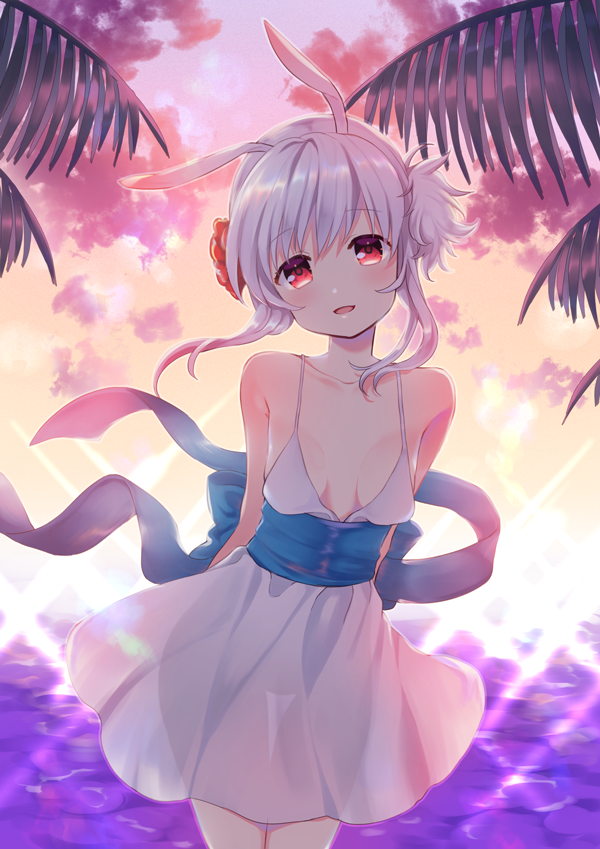 1girl :d animal_ears arms_behind_back beach breasts cleavage clouds dj_max dress flower hair_flower hair_ornament looking_at_viewer okanoyuno open_mouth palm_tree rabbit_ears red_eyes short_hair_with_long_locks sidelocks small_breasts smile solo standing suee sunset tree water white_dress white_hair
