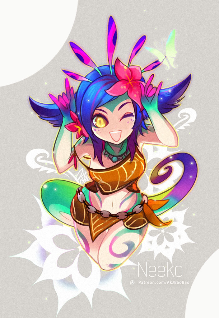 1girl \m/ aa2233a blue_hair body_markings breasts character_name double_\m/ flower freckles hair_flaps hair_flower hair_ornament highlights league_of_legends long_tail loose_clothes medium_hair multicolored multicolored_hair multicolored_skin navel neeko_(league_of_legends) nico_nico_nii one_eye_closed open_mouth skirt solo tail tank_top teeth yellow_eyes