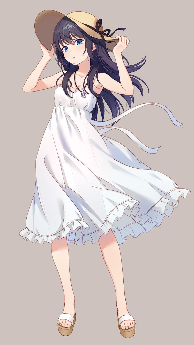 1girl bangs black_hair black_ribbon blue_eyes breasts cleavage collarbone dress floating_hair frilled_dress frills full_body grey_background hat hat_ribbon highres hyuuga_azuri long_hair looking_at_viewer original ribbon shiny shiny_hair simple_background sleeveless sleeveless_dress small_breasts solo standing sun_hat sundress white_dress white_ribbon