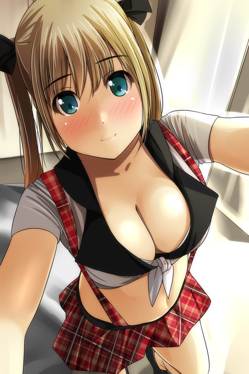 1girl bangs black_footwear black_ribbon blonde_hair blush breasts cleavage closed_mouth collarbone commentary_request crop_top day eyebrows_visible_through_hair from_above front-tie_top green_eyes hair_between_eyes hair_ribbon highres index_finger_raised long_hair matsunaga_kouyou medium_breasts midriff navel nose_blush original plaid plaid_skirt pleated_skirt red_skirt ribbon shirt shoes short_sleeves skirt smile solo standing standing_on_one_leg sunlight suspender_skirt suspenders twintails unmoving_pattern white_shirt