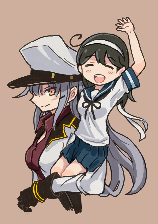 2girls ahoge arm_up beige_background black_hair carrying closed_eyes epaulettes gangut_(kantai_collection) gloves grey_hair hair_ribbon hairband hat jacket kantai_collection long_hair long_sleeves looking_at_viewer military military_hat military_uniform miniskirt multiple_girls open_clothes open_jacket open_mouth otoufu peaked_cap pleated_skirt remodel_(kantai_collection) ribbon school_uniform serafuku short_sleeves sitting_on_shoulder skirt smile socks uniform ushio_(kantai_collection) yellow_eyes