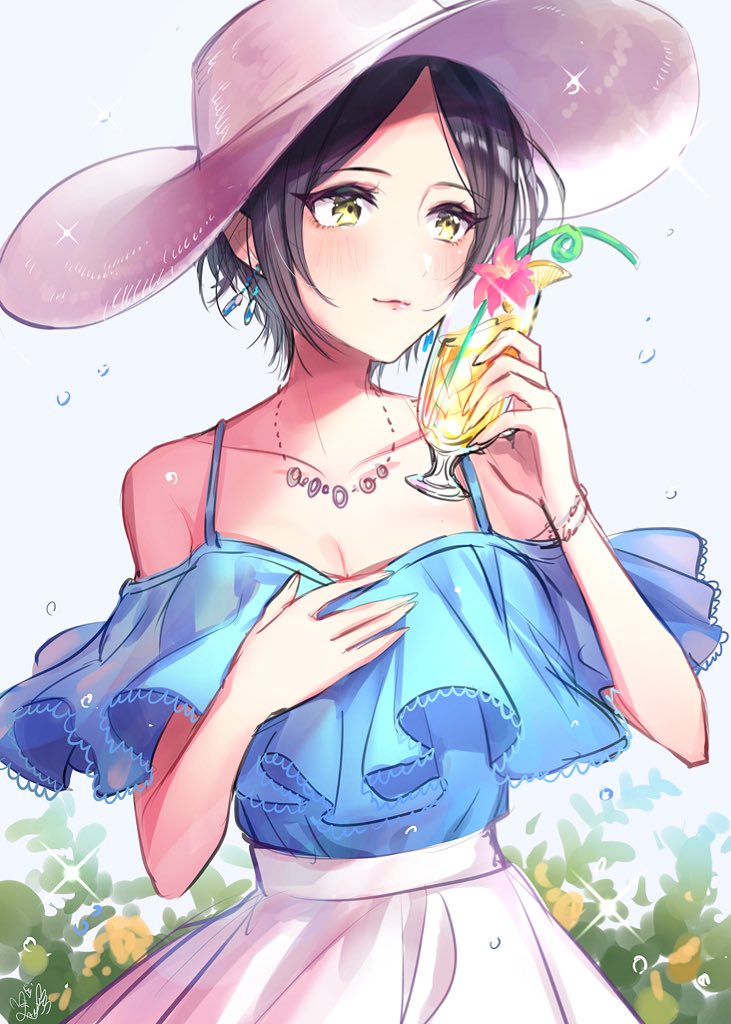 1girl black_hair blue_shirt bracelet breasts cleavage collarbone cup drinking_straw earrings hat hayami_kanade holding holding_cup idolmaster idolmaster_cinderella_girls ilo jewelry looking_at_viewer necklace pink_hat shirt short_hair signature skirt small_breasts solo standing sun_hat white_skirt yellow_eyes