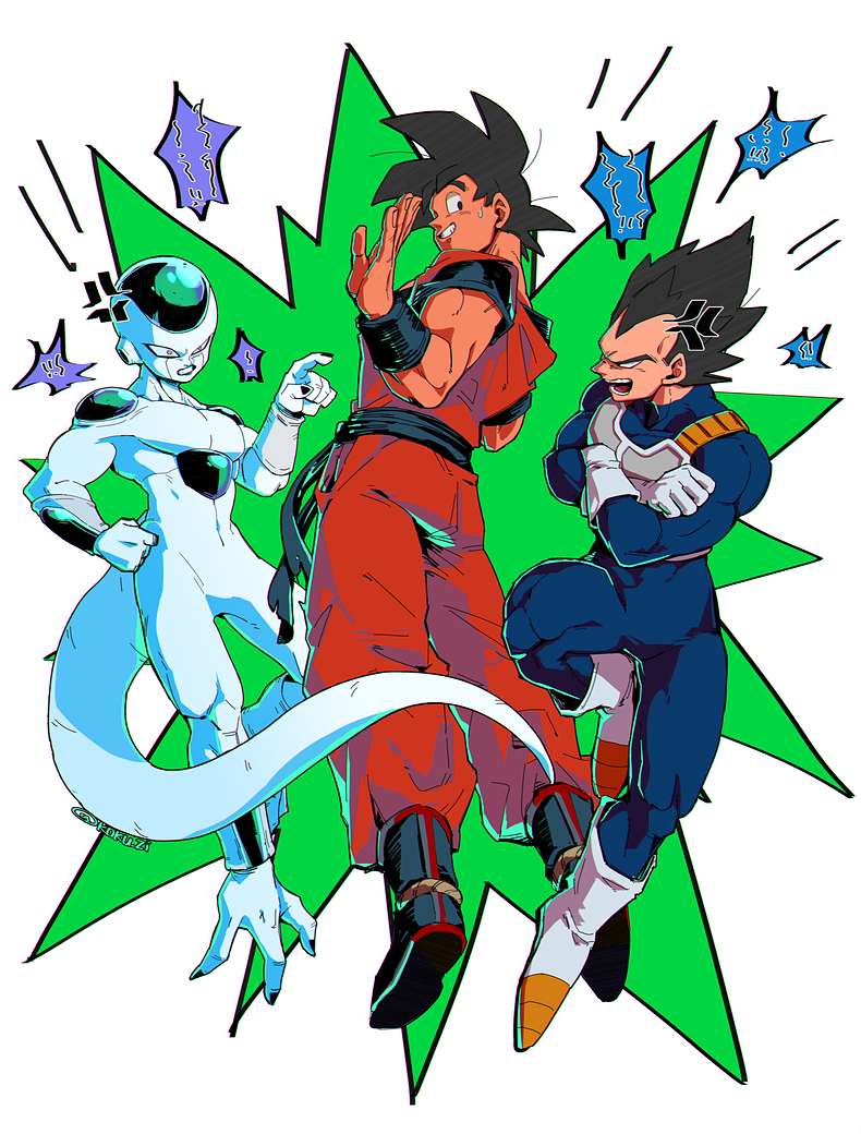 +++ 3boys anger_vein angry annoyed armor black_hair blue_background boots clenched_hand commentary_request crossed_arms dougi dragon_ball dragonball_z fingernails floating_hair frieza frown full_body gloves green_background hand_on_hip hand_up index_finger_raised kokusoji leg_up looking_at_another looking_away looking_back male_focus multicolored multicolored_background multiple_boys nervous nervous_smile open_mouth pink_eyes salute short_hair simple_background smile son_gokuu spiky_hair sweatdrop tail teeth toenails vegeta white_background white_gloves wristband