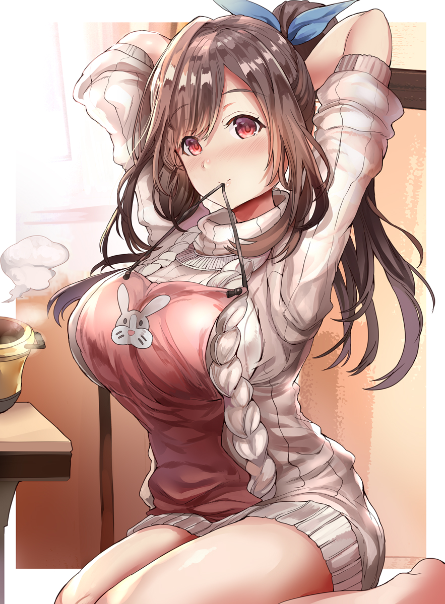 1girl animal_print apron aran_sweater arms_behind_head bangs blue_bow blush bow breasts brown_eyes brown_hair bunny_print commentary_request day dress eyebrows_visible_through_hair hair_bow highres himuro_(dobu_no_hotori) idolmaster idolmaster_shiny_colors indoors large_breasts long_hair looking_at_viewer mouth_hold ponytail pot sitting sleeves_rolled_up smile solo steam sweater sweater_dress swept_bangs table tsukioka_kogane turtleneck turtleneck_sweater wariza white_sweater window