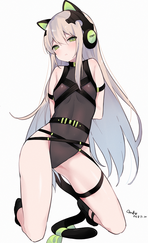 1girl animal_ears arms_behind_back bangs bare_shoulders black_legwear blush breasts brown_hair brown_leotard cat_ear_headphones cat_ears cat_girl cat_tail character_name commentary dated eyebrows_visible_through_hair full_body girls_frontline green_eyes grey_background hair_between_eyes head_tilt headphones kneeling leotard long_hair looking_at_viewer mimelond parted_lips signature simple_background small_breasts socks solo tail tmp_(girls_frontline) very_long_hair