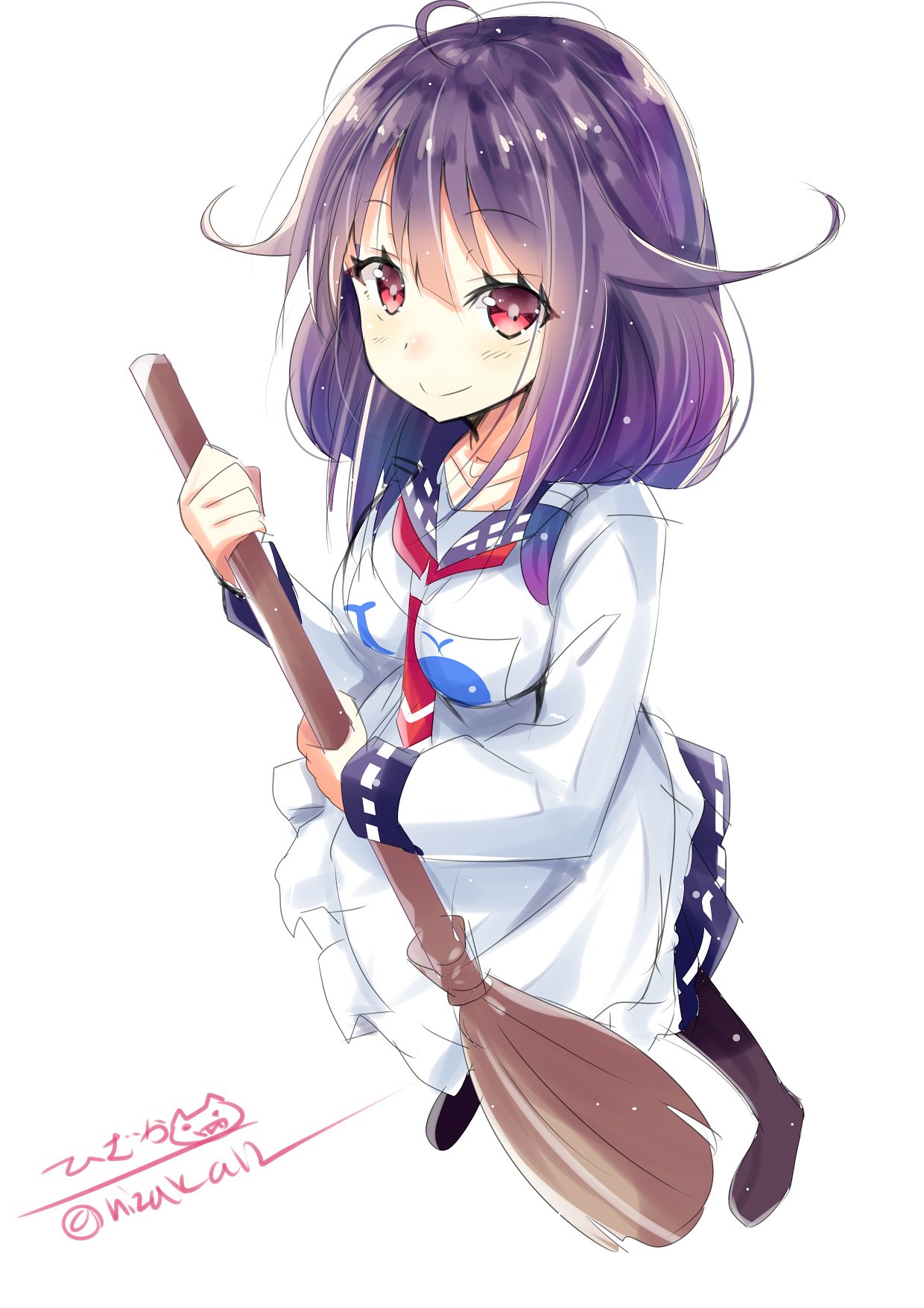 1girl ahoge apron black_legwear blush closed_mouth full_body hair_flaps highres hizaka kantai_collection long_hair long_sleeves looking_at_viewer low_twintails magatama neckerchief open_mouth pantyhose purple_hair red_eyes school_uniform serafuku simple_background smile solo taigei_(kantai_collection) twintails twitter_username whale white_background