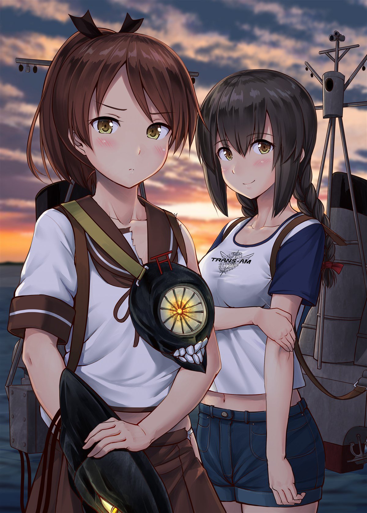 2girls black_hair braid brown_eyes brown_hair brown_sailor_collar brown_skirt cannon casual commentary_request cowboy_shot denim denim_shorts hair_between_eyes highres horizon ichikawa_feesu isonami_(kantai_collection) kantai_collection looking_at_viewer machinery multiple_girls ocean outdoors ponytail raglan_sleeves sailor_collar school_uniform serafuku shikinami_(kantai_collection) short_hair short_ponytail shorts sidelocks skirt smokestack standing sunset torn_clothes turret twin_braids