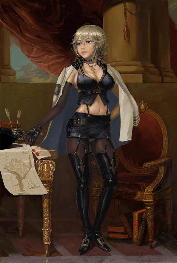 1girl amibazh azur_lane belt black_gloves book boots breasts chair choker cleavage cross curtains fine_art_parody george_washington gloves inkwell jacket_on_shoulders large_breasts map midriff navel panties pantyhose pantyshot pantyshot_(standing) parody pillar solo standing table thigh-highs thigh_boots underwear washington_(azur_lane)