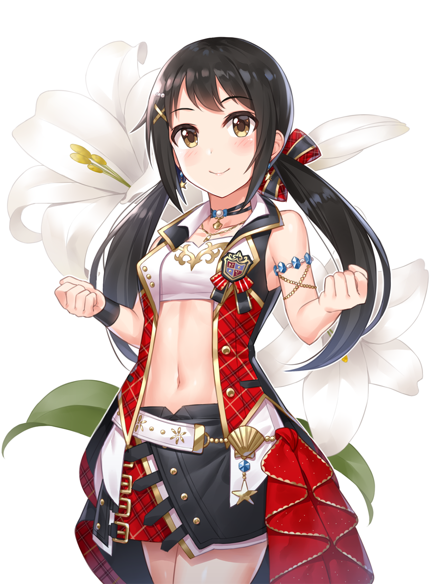 1girl belt black_hair blush bracelet brown_eyes choker clenched_hands closed_mouth earrings eyebrows_visible_through_hair flower hair_ornament highres idolmaster idolmaster_cinderella_girls jewelry long_hair looking_at_viewer low_twintails nakano_yuka navel necklace seashell shell smile solo star star_earrings twintails x_hair_ornament yuuhi_(ages)