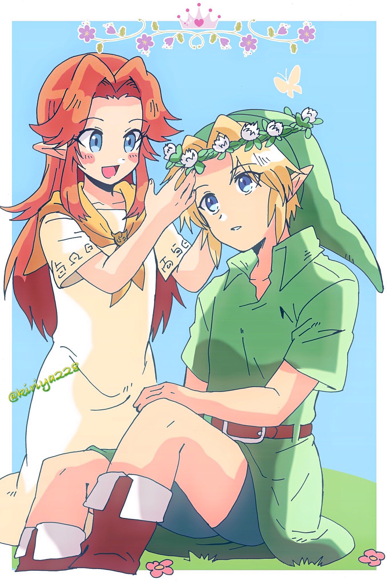 1boy 1girl blonde_hair blue_eyes butterfly child crown elf flower flower_crown grass kiriya_(552260) link malon nintendo pointy_ears red_hair sky the_legend_of_zelda the_legend_of_zelda:_ocarina_of_time tunic young