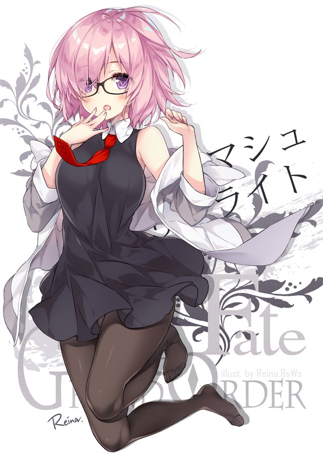 artist_name black-framed_eyewear black_dress black_legwear blush clothes_down copyright_name dress eyebrows_visible_through_hair fate/grand_order fate_(series) glasses hair_between_eyes jacket looking_at_viewer mash_kyrielight necktie open_clothes open_jacket open_mouth pantyhose pink_hair red_neckwear reina_(black_spider) shiny shiny_hair short_dress short_hair sleeveless sleeveless_dress violet_eyes white_background white_jacket