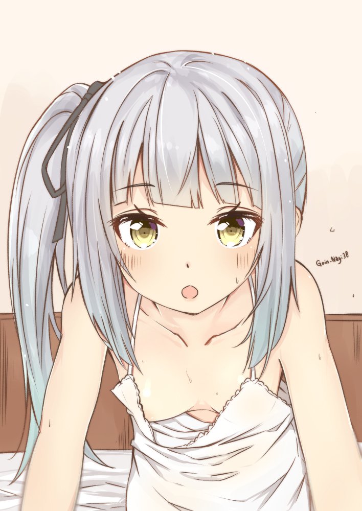 1girl bed bedroom black_ribbon blush breasts downblouse eyebrows_visible_through_hair grey_hair kantai_collection kasumi_(kantai_collection) long_hair looking_at_viewer nagi_(shunsuke-manage) no_bra open_mouth ribbon side_ponytail sleepwear small_breasts solo twitter_username yellow_eyes