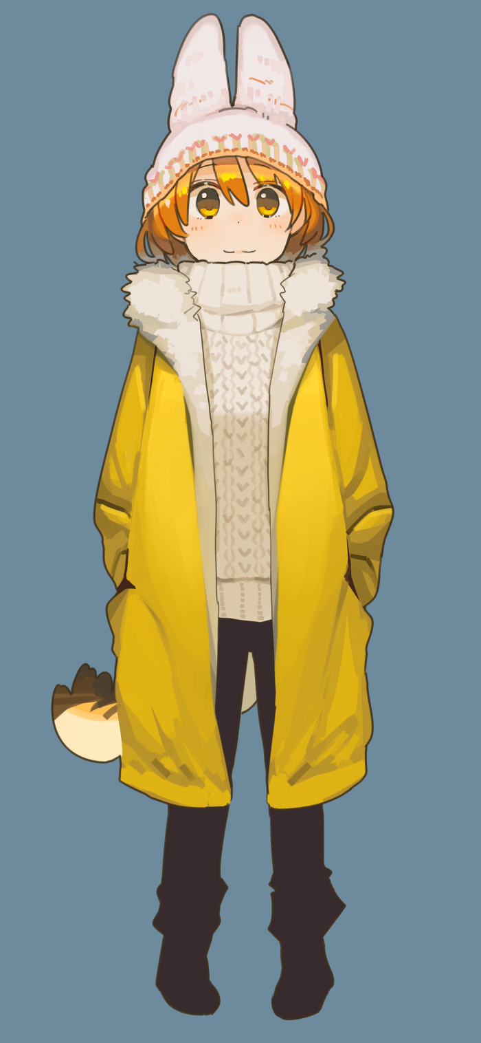 1girl animal_ears animal_hat aran_sweater bangs beanie black_pants blue_background blush brown_eyes brown_hair closed_mouth coat commentary_request eyebrows_visible_through_hair full_body fur-trimmed_coat fur_trim hair_between_eyes hands_in_pockets hat highres kasa_list kemono_friends long_sleeves open_clothes open_coat pants serval_(kemono_friends) serval_ears serval_tail simple_background smile solo standing sweater tail turtleneck turtleneck_sweater white_hat white_sweater yellow_coat