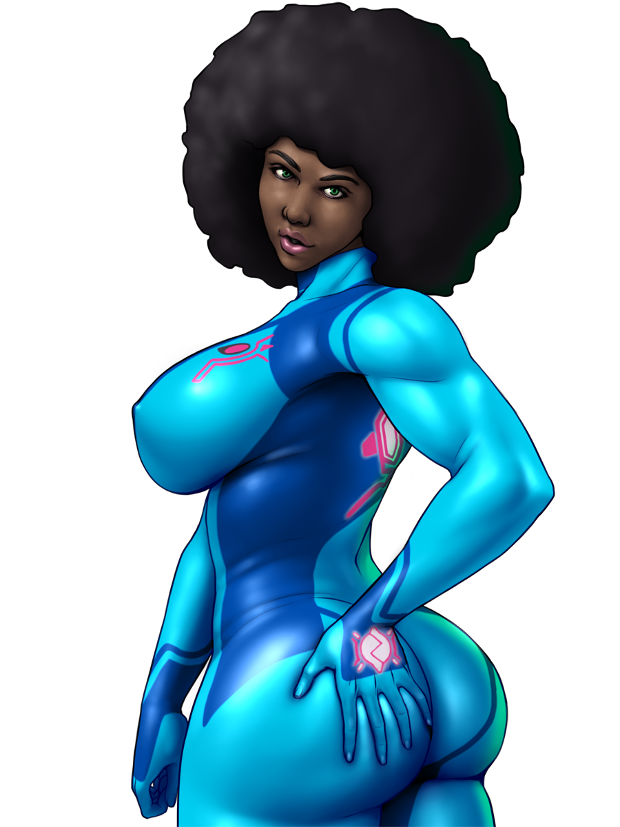 1girl afro ass ass_grab big_hair black_hair blue_bodysuit bodysuit breasts commentary cowboy_shot curvy dark_skin english_commentary erect_nipples green_eyes hand_on_own_ass highres large_breasts lips lipstick looking_back makeup metroid nikcesco nintendo nose pink_lipstick samus_aran skin_tight solo toned transparent_background very_dark_skin zero_suit