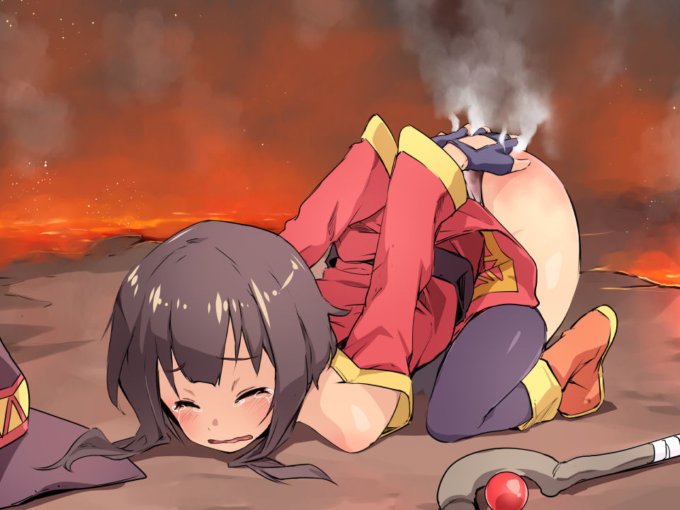 1girl ass bangs bare_shoulders belt black_belt black_gloves boots brown_footwear burnt closed_eyes covering covering_ass crying dress embers eyebrows_visible_through_hair fingerless_gloves fire gloves hat kono_subarashii_sekai_ni_shukufuku_wo! long_sleeves lying megumin molten_rock on_stomach open_mouth pain panties red_dress short_hair_with_long_locks single_thighhigh smoke solo staff tears thigh-highs top-down_bottom-up uchiko_onigiri underwear wavy_mouth white_panties witch_hat