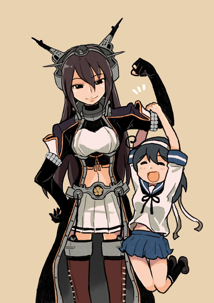 2girls ahoge arm_guards arm_up beige_background black_hair breasts brown_eyes brown_hair closed_eyes coat collar flexing garter_straps gloves hachimaki hair_between_eyes hairband hand_on_hip hanging_on_arm headband headgear kantai_collection large_breasts long_coat long_hair looking_at_viewer multiple_girls nagato_(kantai_collection) navel open_mouth otoufu partly_fingerless_gloves pleated_skirt pose remodel_(kantai_collection) school_uniform serafuku shoes short_sleeves sidelocks skirt smile socks thigh-highs ushio_(kantai_collection)