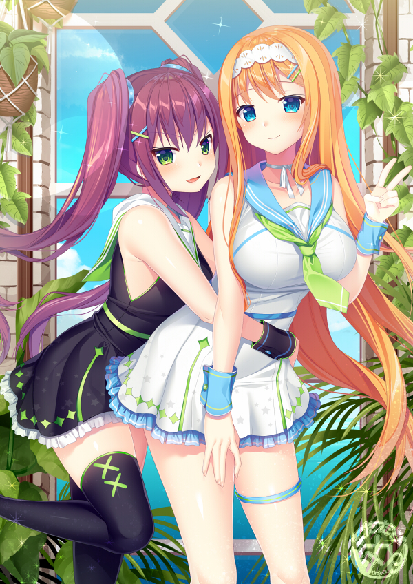 2girls :d armpit_crease bare_shoulders black_dress black_legwear blue_eyes blue_sky blush breasts brown_hair day dress fang green_eyes hair_ornament hairclip hug indoors large_breasts long_hair looking_at_viewer matatabi_maru multiple_girls necktie open_mouth orange_hair original plant sailor_collar sailor_dress sky small_breasts smile standing thigh_strap twintails very_long_hair white_dress window wrist_cuffs wristband x_hair_ornament