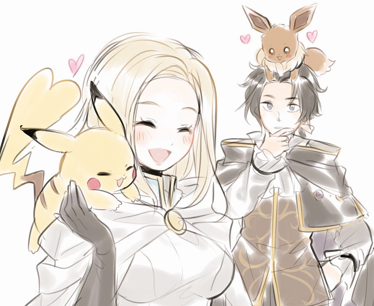 1girl aubz blonde_hair blush closed_eyes creatures_(company) cyrus_(octopath_traveler) dress eevee elbow_gloves game_freak gen_1_pokemon gloves jewelry long_hair necklace nintendo octopath_traveler ophilia_(octopath_traveler) pikachu pokemon pokemon_(creature) pokemon_(game) pokemon_lgpe short_hair simple_background smile tail white_background