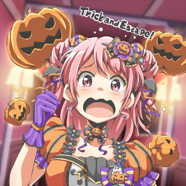 1girl bang_dream! bangs black_neckwear bow bowtie candy candy_earrings candy_hair_ornament clenched_hand double_bun english flying_sweatdrops food food_themed_hair_ornament frilled_sleeves frills ghost gloves hair_bow hair_ornament hair_ribbon halloween head_wings indoors jack-o'-lantern lollipop maruyama_aya medium_hair orange_ribbon pink_eyes pink_hair polka_dot_neckwear puffy_sleeves purple_gloves purple_ribbon riai_(onsen) ribbon scared solo tears upper_body wavy_mouth