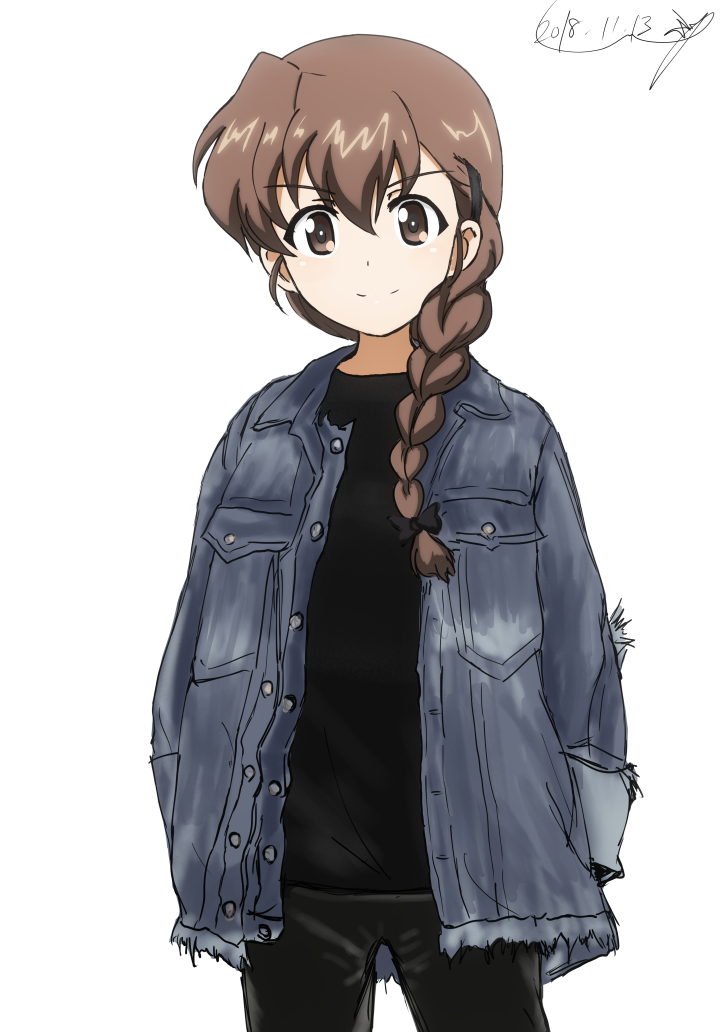 1girl artist_name bangs black_bow black_pants black_shirt bow braid brown_eyes brown_hair bukkuri casual cowboy_shot dated denim denim_jacket eyebrows_visible_through_hair girls_und_panzer grey_jacket hair_bow hair_over_shoulder hands_in_pockets jacket long_hair long_sleeves looking_at_viewer open_clothes open_jacket pants rukuriri shirt signature simple_background single_braid smile solo standing torn_jacket white_background