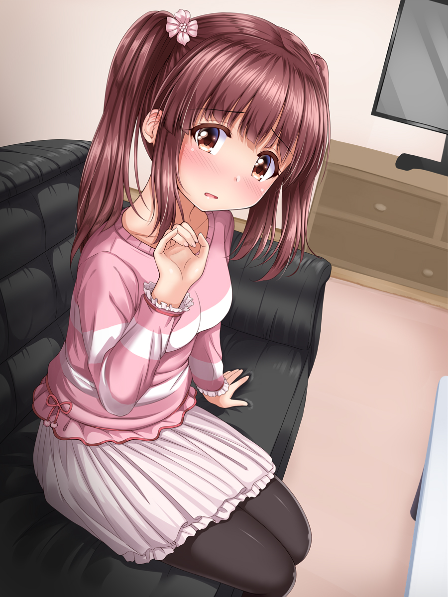 1girl bangs blush breasts brown_eyes brown_hair brown_legwear collarbone commentary_request couch eyebrows_visible_through_hair flat_screen_tv flower hair_flower hair_ornament hand_up head_tilt highres idolmaster idolmaster_cinderella_girls indoors long_hair long_sleeves looking_at_viewer ogata_chieri on_couch pantyhose parted_lips pink_flower pink_shirt pleated_skirt shirt sidelocks sitting skirt small_breasts solo table television twintails u2_(5798239) white_skirt