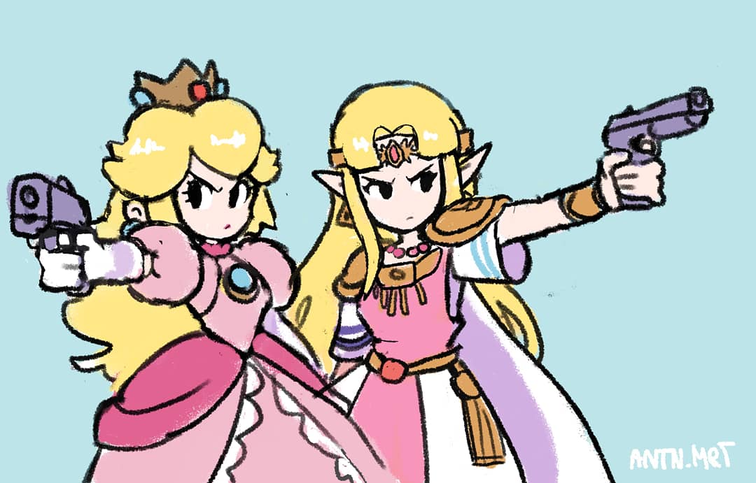 2girls antonin_(antn.mrt) aqua_background blonde_hair cape crown diadem dress earrings elbow_gloves firearm gloves gun handgun holding holding_gun holding_weapon jewelry long_hair super_mario_bros. multiple_girls necklace nintendo pauldrons pink_dress pistol pointy_ears princess_peach princess_zelda scowl short_sleeves simple_background super_smash_bros. the_legend_of_zelda the_legend_of_zelda:_a_link_to_the_past weapon white_cape