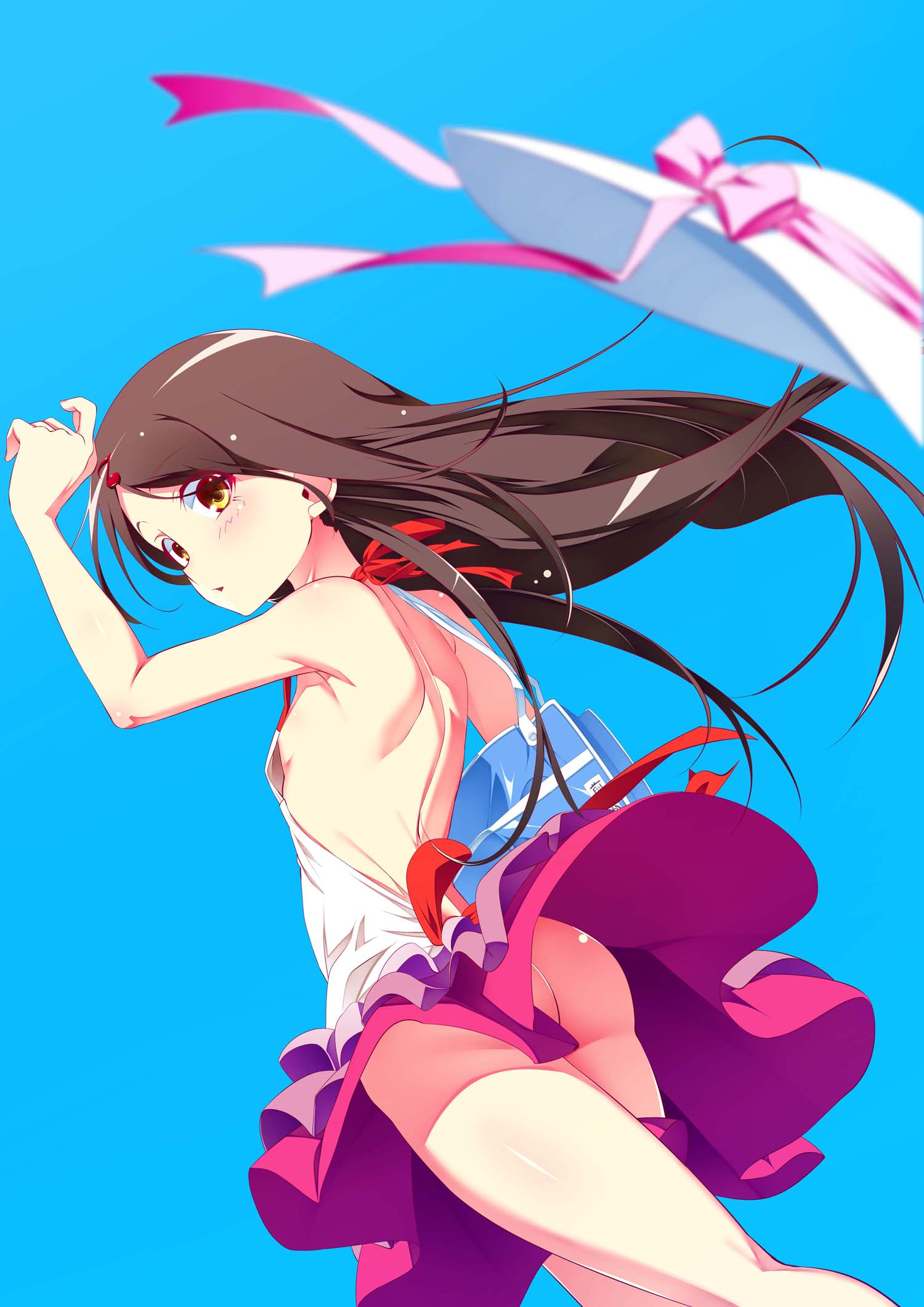 1girl arm_up armpits ass backless_dress backless_outfit bag bare_back blue_background brown_eyes brown_hair child dress flat_chest from_behind hair_ornament hairclip hat headwear_removed highres kakurenbo_futari_dake_no_himitsu_no_jikan long_hair looking_back maehara_kanon no_panties official_art purple_dress short_dress simple_background solo sun_hat sundress tanabe_kyou two-tone_dress white_dress wind wind_lift