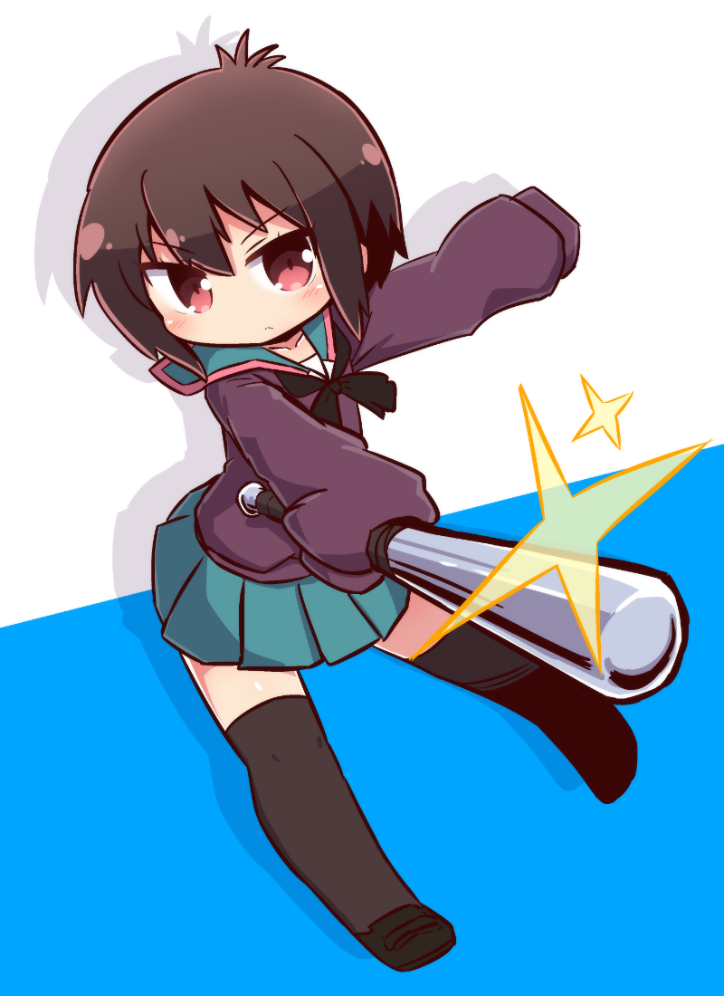 1girl a_channel bangs baseball_bat black_bow black_footwear blue_background blush bow brown_hair brown_legwear brown_sweater closed_mouth collarbone commentary_request eyebrows_visible_through_hair full_body glint green_sailor_collar green_skirt hair_between_eyes head_tilt holding_baseball_bat ichii_tooru long_sleeves looking_at_viewer metal_baseball_bat naga_u outstretched_arm pleated_skirt red_eyes sailor_collar school_uniform serafuku shadow shoes skirt sleeves_past_fingers sleeves_past_wrists solo sweater thigh-highs two-tone_background v-shaped_eyebrows white_background