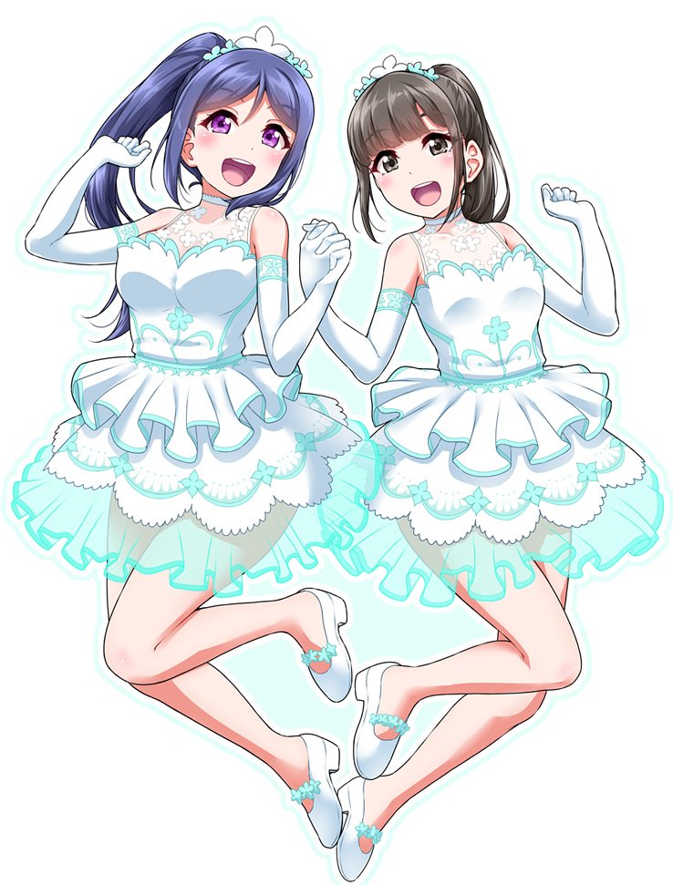 2girls :d arms_up bangs black_eyes black_hair blue_hair blue_outline blush breasts brown_eyes clenched_hands commentary_request dress elbow_gloves eyebrows_visible_through_hair frilled_dress frills gloves hair_between_eyes hair_ornament hand_holding hands_up high_ponytail lace looking_at_viewer love_live! love_live!_sunshine!! matsuura_kanan medium_breasts multiple_girls open_mouth ponytail round_teeth seiyuu seiyuu_connection shoes sidelocks simple_background small_breasts smile suwa_nanaka teeth thank_you_friends!! tiara upper_teeth violet_eyes white_background white_dress white_footwear white_gloves yopparai_oni
