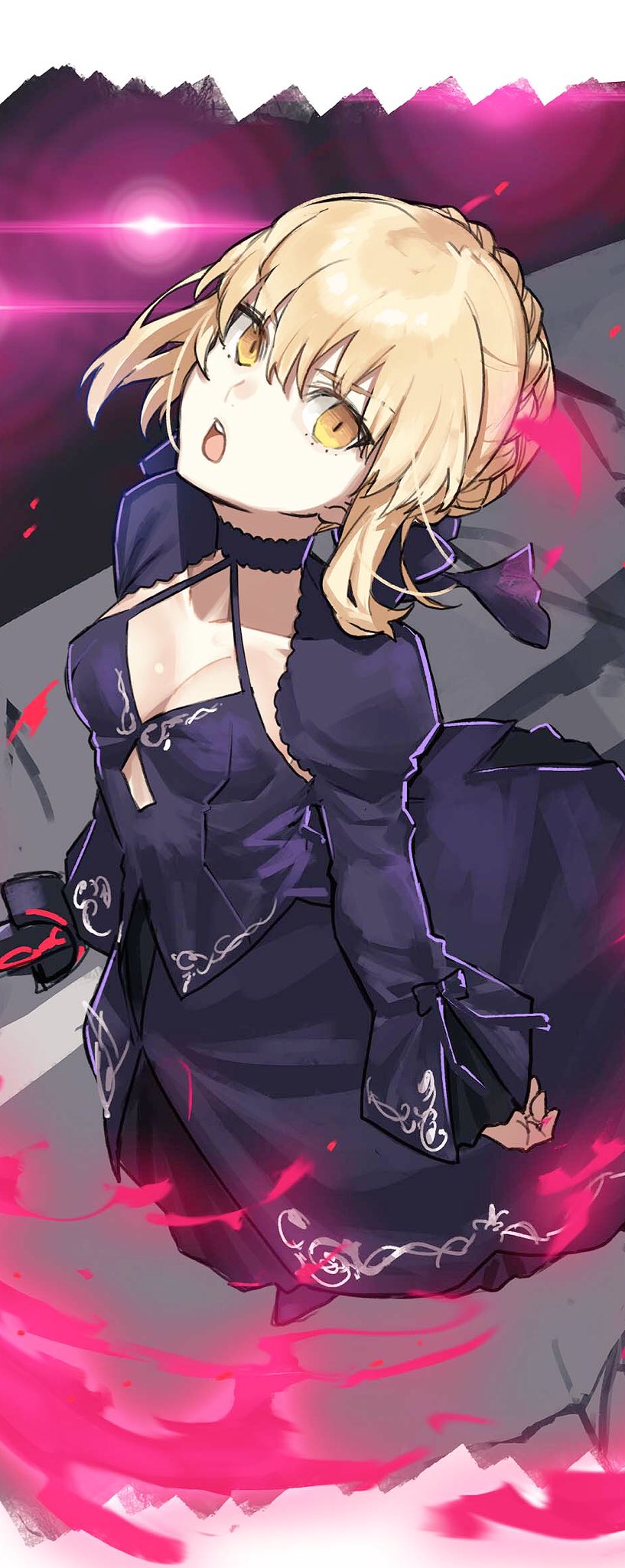 1girl artoria_pendragon_(all) black_dress black_ribbon blonde_hair braid breasts cleavage dark_excalibur dress fate/grand_order fate_(series) french_braid from_above gothic_lolita hair_between_eyes hair_bun highres holding holding_sword holding_weapon large_breasts lolita_fashion looking_up ribbon saber_alter sword teshima_nari weapon yellow_eyes