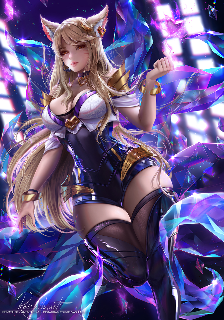 1girl ahri animal_ears bangs blonde_hair breasts cleavage crystal earrings fox_ears fox_tail heart high_heels highres idol javier_estrada jewelry k/da_(league_of_legends) k/da_ahri league_of_legends leg_up lips long_hair medium_breasts parted_lips signature swept_bangs tail thigh-highs watermark whisker_markings yellow_eyes