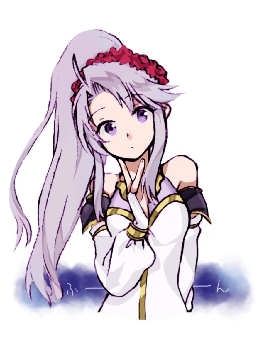 1girl bare_shoulders breasts detached_sleeves dress fire_emblem fire_emblem:_seisen_no_keifu head_tilt highres lavender_hair long_hair looking_at_viewer nintendo ponytail scrunchie simple_background small_breasts solo takatou_mitsuru tiltyu_(fire_emblem) upper_body violet_eyes white_background