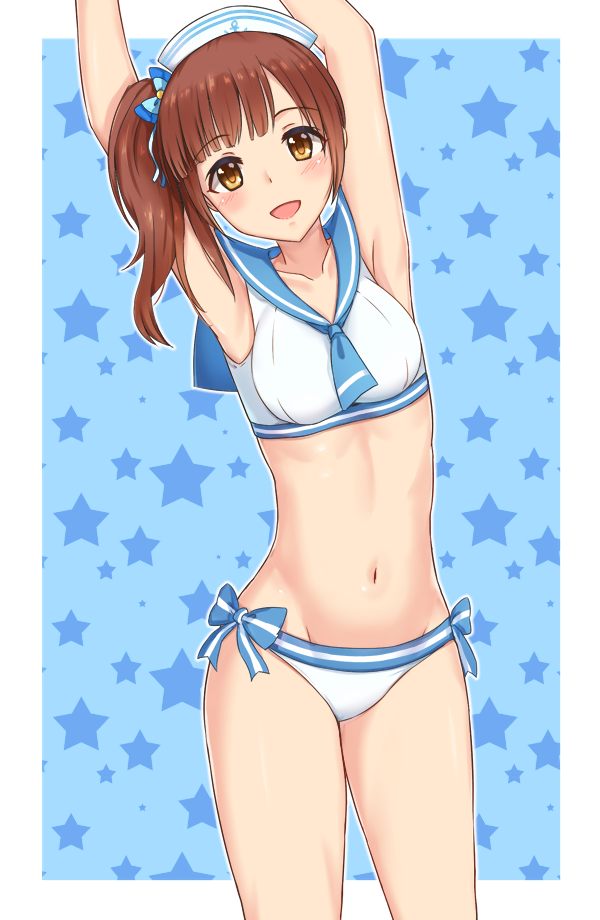 1girl :d anchor_print armpits arms_up bangs bikini blue_background blue_bow blue_neckwear bow bow_bikini brown_eyes brown_hair commentary cowboy_shot eyebrows_visible_through_hair hair_bow hat idolmaster idolmaster_cinderella_girls igarashi_kyouko kozeni_isari leaning_to_the_side long_hair looking_at_viewer navel neckerchief one_side_up open_mouth outside_border sailor_bikini sailor_collar sailor_swimsuit_(idolmaster) smile solo standing star starry_background swimsuit thighs white_hat