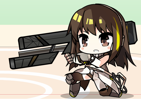 1girl assault_rifle brown_hair chibi girls_frontline gun holding holding_weapon m4_carbine m4a1_(girls_frontline) multicolored_hair rifle solo streaked_hair weapon