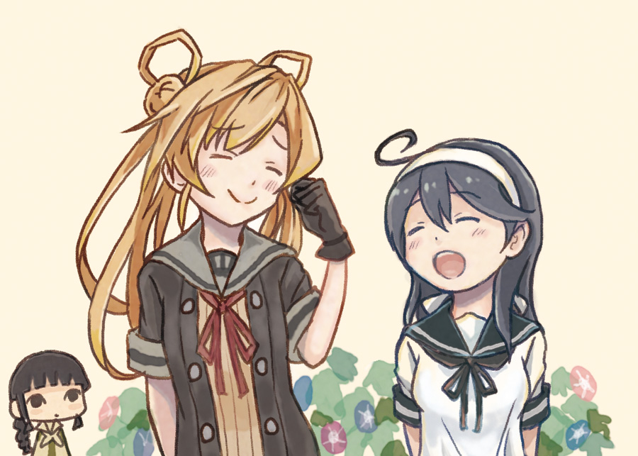 3girls ^_^ abukuma_(kantai_collection) ahoge blush closed_eyes closed_eyes double_bun flower gloves hachimaki hair_rings headband kantai_collection kitakami_(kantai_collection) multiple_girls otoufu remodel_(kantai_collection) simple_background smile ushio_(kantai_collection)