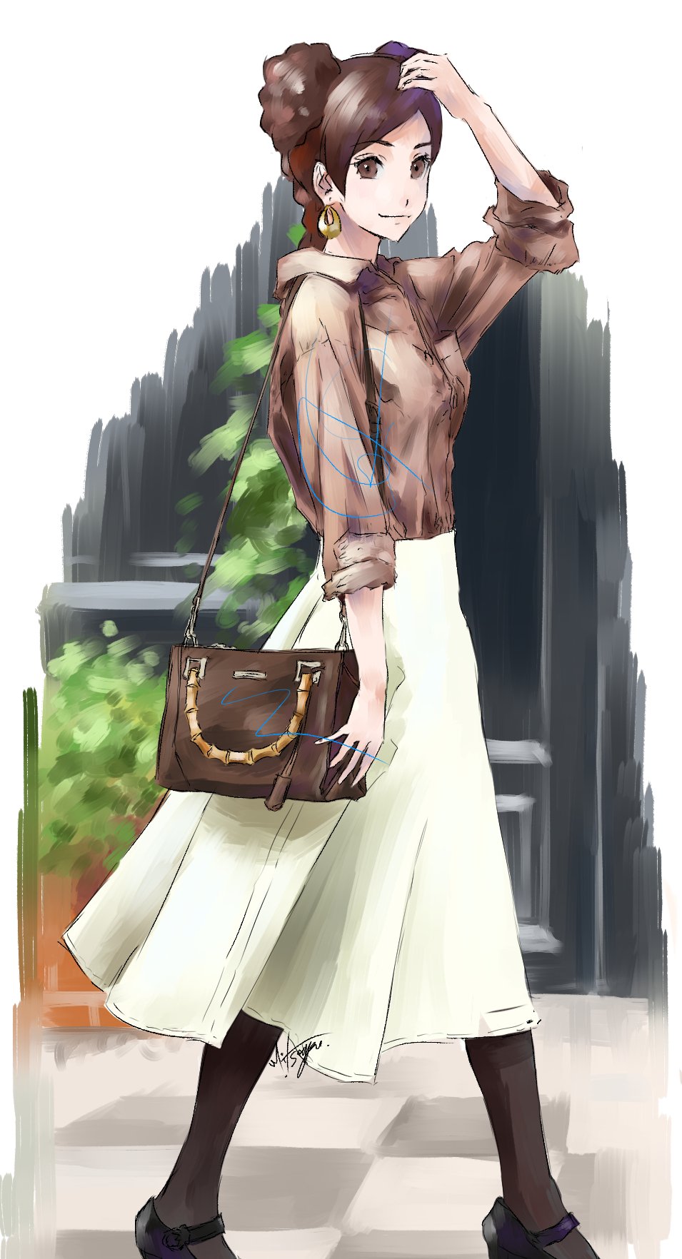 1girl arm_up bag black_bag black_footwear black_legwear braid brown_eyes brown_hair brown_shirt closed_mouth collared_shirt commentary_request day double_bun earrings hand_on_head handbag highres jewelry long_sleeves looking_at_viewer mitsugu naruto naruto_(series) pantyhose pocket shirt signature simple_background skirt solo standing sunlight tenten walking white_background white_skirt