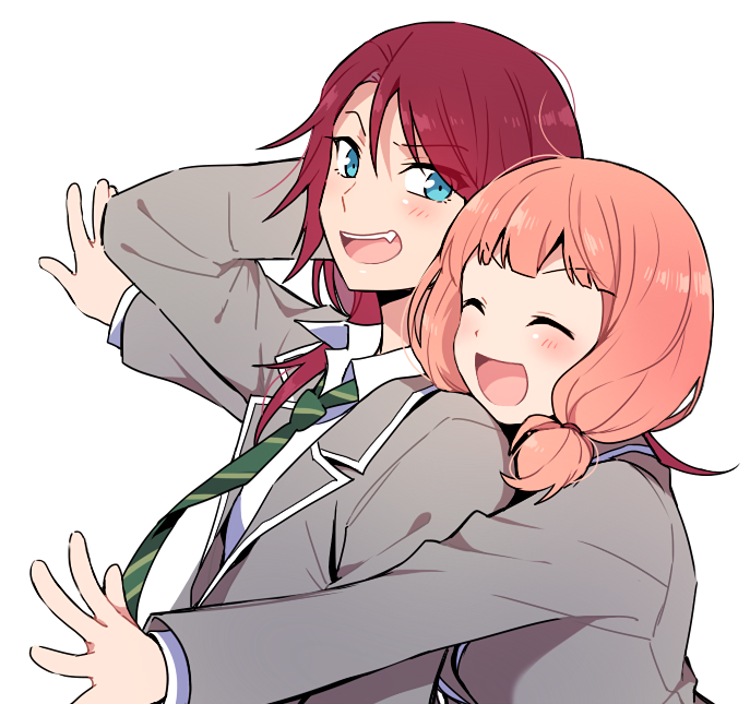 2girls :d ^_^ ahoge bang_dream! bangs blazer blue_eyes blush closed_eyes closed_eyes fang green_neckwear grey_jacket hand_on_own_head haneoka_school_uniform jacket long_hair long_sleeves looking_at_another low_twintails medium_hair multiple_girls necktie open_mouth pink_hair re_ghotion redhead school_uniform simple_background smile striped striped_neckwear twintails udagawa_tomoe uehara_himari upper_body white_background