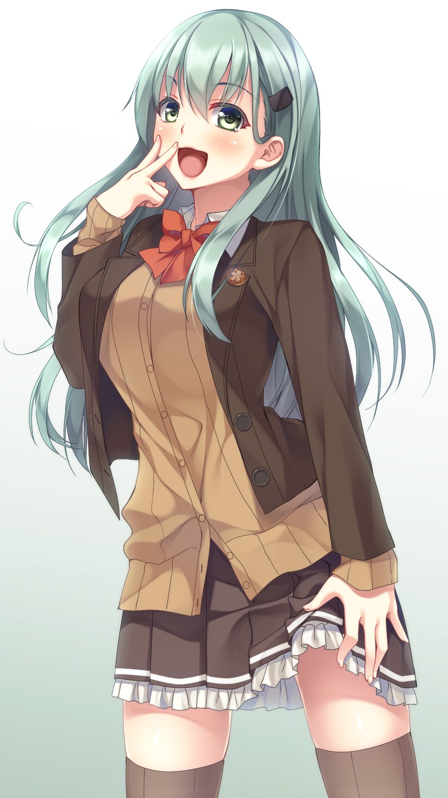 1girl aqua_hair blush bow bowtie breasts brown_jacket brown_legwear brown_skirt collared_shirt frilled_skirt frills gradient gradient_background green_eyes hair_ornament hairclip highres imachireki jacket kantai_collection large_breasts long_hair long_sleeves looking_at_viewer open_mouth pleated_skirt red_neckwear remodel_(kantai_collection) shirt skirt skirt_lift solo standing suzuya_(kantai_collection) thigh-highs v white_shirt