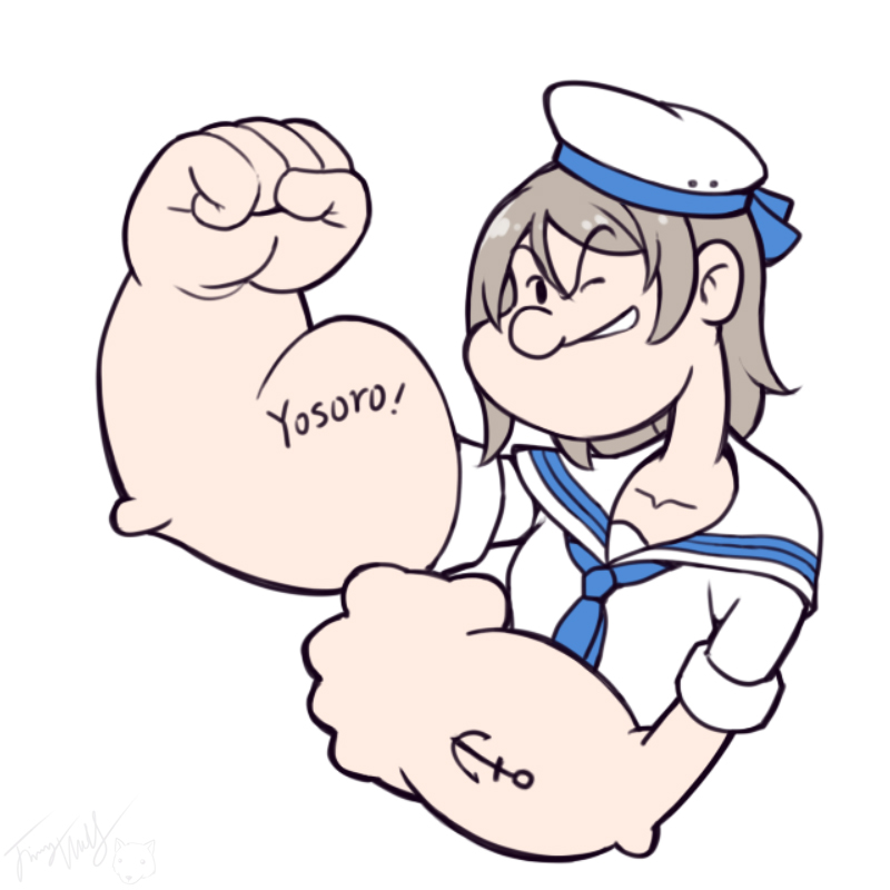 1girl anchor_tattoo arm_up blue_neckwear brown_hair clenched_hands collarbone commentary english_commentary grin hat langbazi looking_at_viewer love_live! love_live!_sunshine!! muscle muscular_female neckerchief one_eye_closed parody popeye popeye_the_sailor sailor_collar sailor_hat shirt short_sleeves simple_background smile solo style_parody tattoo watanabe_you white_background white_hat white_sailor_collar white_shirt