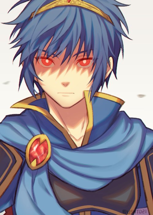 1boy armor blue_eyes blue_hair cape fire_emblem fire_emblem:_mystery_of_the_emblem looking_at_viewer male_focus marth nintendo red_eyes short_hair simple_background solo spoilers super_smash_bros. super_smash_bros._ultimate tiara wusagi2