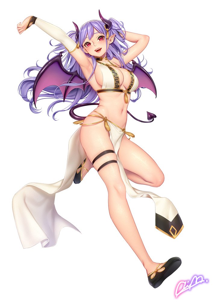 1girl armpits arms_up bangs blush breasts bridal_gauntlets collarbone commentary_request demon_girl demon_horns demon_tail demon_wings fang full_body horns large_breasts leg_up lips looking_at_viewer masami_chie midriff navel open_mouth pelvic_curtain pointy_ears purple_hair shiny shiny_hair shiny_skin shoes signature simple_background smile solo stomach tail thigh_strap thighs violet_eyes virtual_youtuber white_background wings