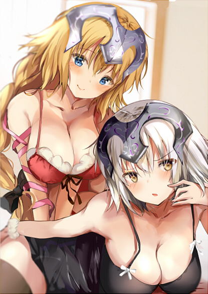 2girls bangs bedroom black_nightgown blonde_hair blue_eyes board_game braid breasts cleavage commentary_request eyebrows_visible_through_hair fate/grand_order fate_(series) go headpiece indoors jeanne_d'arc_(alter)_(fate) jeanne_d'arc_(fate) jeanne_d'arc_(fate)_(all) large_breasts multiple_girls pon_(ponidrop) red_nightgown short_hair silver_hair smile thigh-highs tsurime yellow_eyes