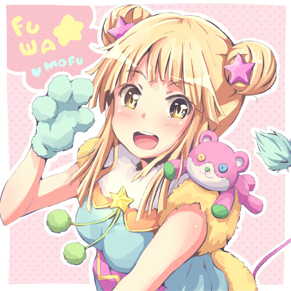 1girl :d alternate_hairstyle bang_dream! blonde_hair blush character_doll double_bun fur_gloves fur_trim gloves hair_ornament looking_at_viewer michelle_(bang_dream!) open_mouth outline paw_gloves paws pink_background pom_pom_(clothes) riai_(onsen) sidelocks slit_pupils smile solo star star_hair_ornament stuffed_animal stuffed_toy tail teddy_bear tsurumaki_kokoro upper_body white_outline yellow_eyes