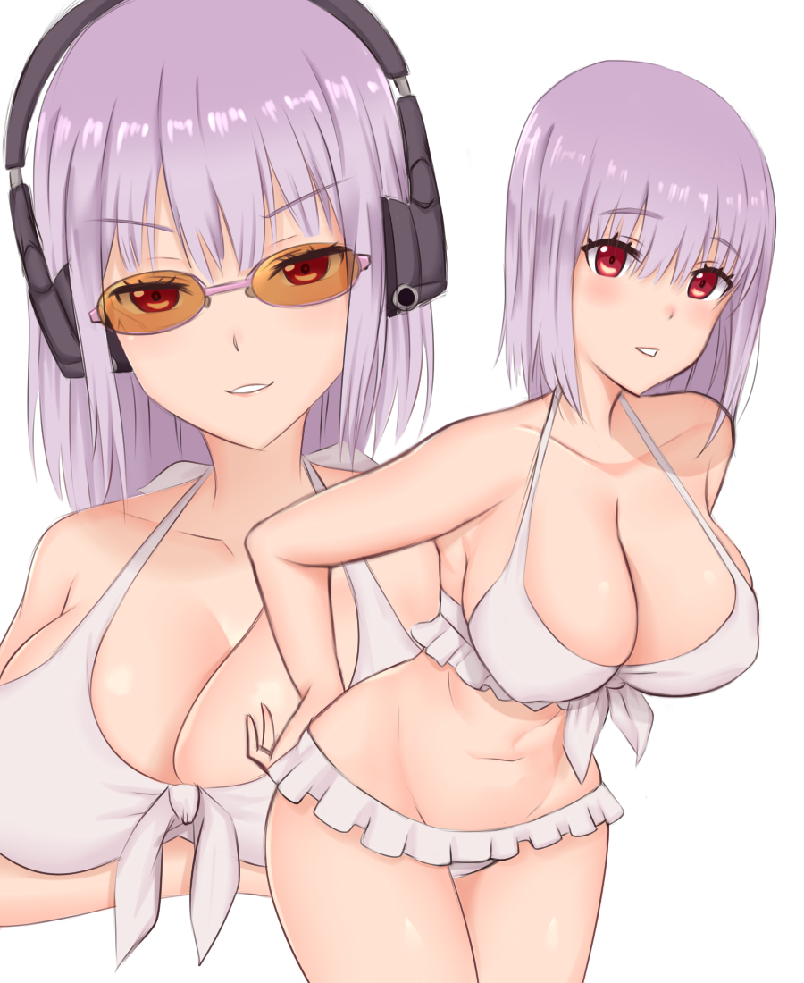 1girl armpits bangs bare_arms bikini blush breast_hold breasts cleavage collarbone cowboy_shot crimecrime eyebrows_visible_through_hair frilled_bikini frills front-tie_bikini front-tie_top furrowed_eyebrows glasses grin groin hand_on_hip head_tilt headphones large_breasts leaning_forward looking_at_viewer multiple_views navel parted_lips pink-framed_eyewear pink_hair red_eyes shinjou_akane short_hair simple_background smile ssss.gridman standing swimsuit teeth v-shaped_eyebrows white_background white_bikini zoom_layer