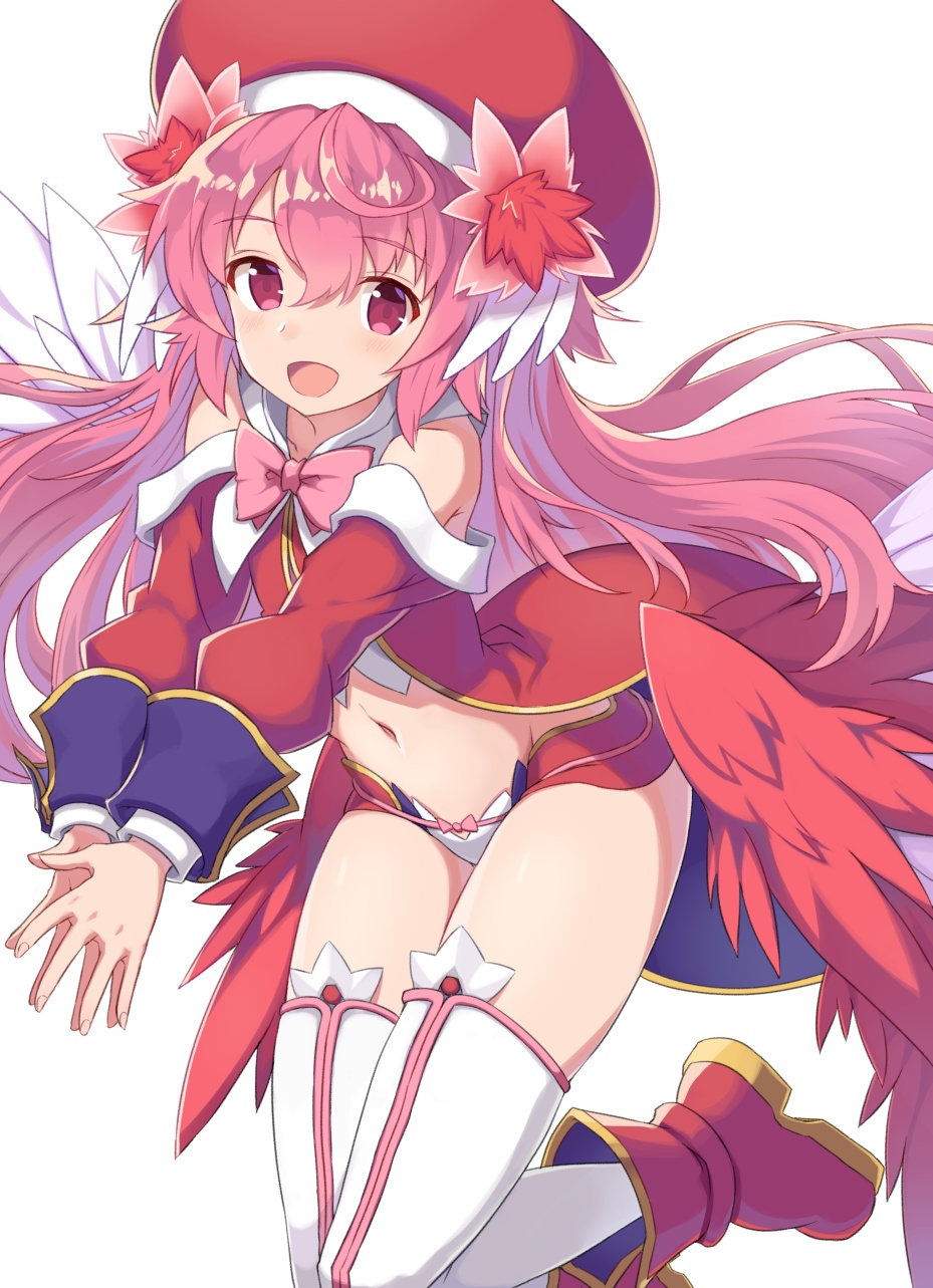 1girl :d ahoge armpit_crease bangs bare_shoulders beret blush boots character_request collarbone commentary_request eyebrows_visible_through_hair groin hair_between_eyes hair_ornament hands_together hat highres legs_up long_sleeves looking_at_viewer navel off_shoulder open_mouth outstretched_arms pera pink_eyes pink_hair pink_ribbon red_footwear red_hat revealing_clothes ribbon shinrabanshou simple_background sleeves_folded_up smile solo thigh-highs thighs v_arms white_background white_legwear wings