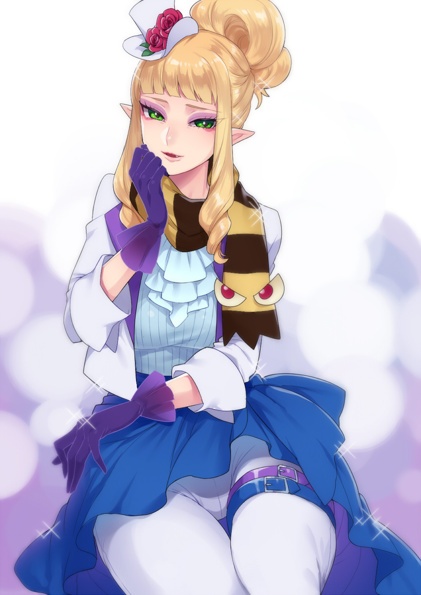 1girl bangs blonde_hair blue_skirt blunt_bangs blush breasts eyeshadow fang genderswap genderswap_(mtf) gloves go!_princess_precure green_eyes hat highres long_hair looking_at_viewer makeup mini_hat mini_top_hat mogiki_hayami pantyhose pointy_ears precure purple_gloves scarf shut_(go!_princess_precure) sidelocks skirt solo sparkle striped striped_scarf top_hat white_legwear