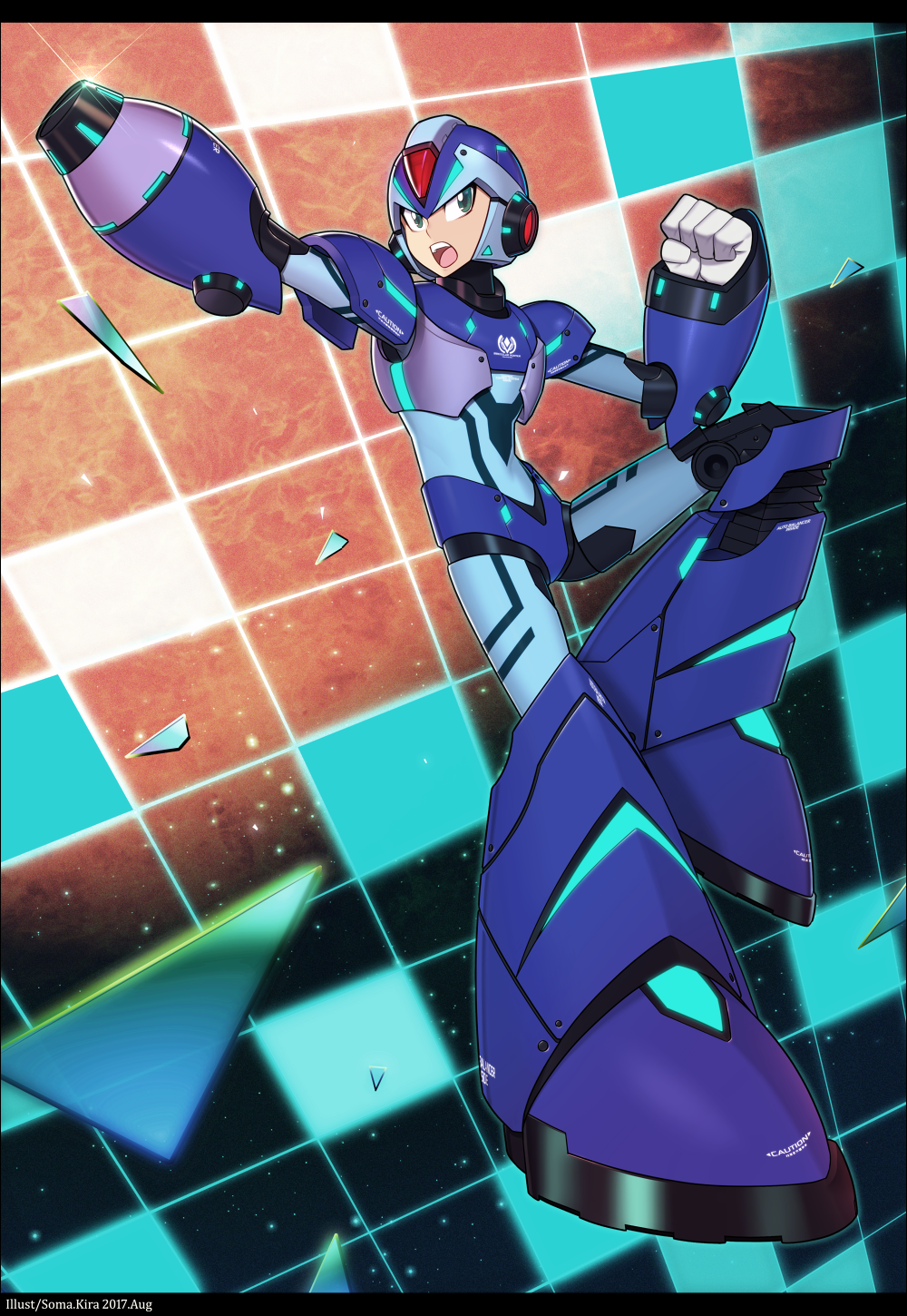 1boy android arm_cannon artist_name black_border border clenched_hand dated gloves green_eyes helmet highres leg_up male_focus multiple_boys open_mouth outstretched_arm rockman rockman_x souma_kira weapon white_gloves x_(rockman)